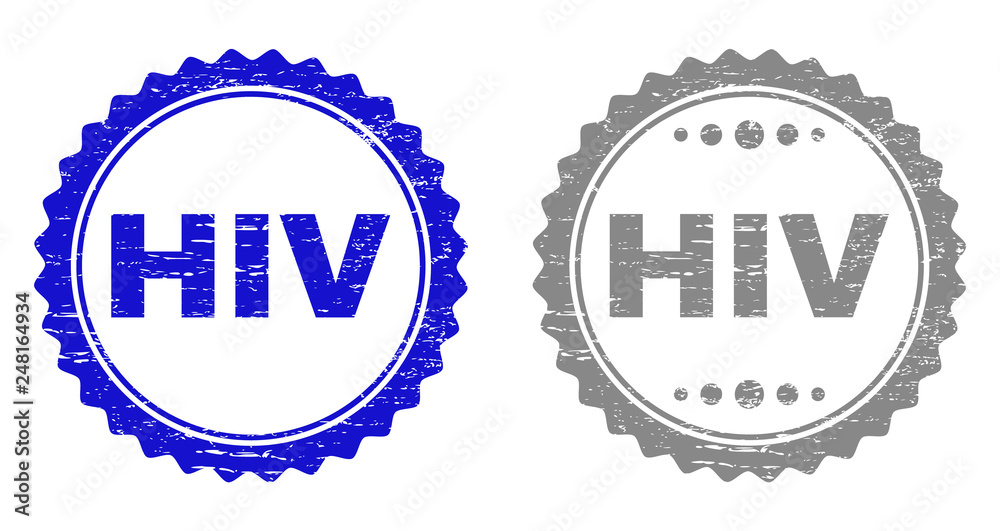 Grunge HIV stamp seals isolated on a white background. Rosette seals with grunge texture in blue and grey colors. Vector rubber stamp imprint of HIV tag inside round rosette. Grunge HIV stamp seals isolated on a white background. Rosette seals with grunge texture in blue and grey colors. Vector rubber stamp imprint of HIV tag inside round rosette.
