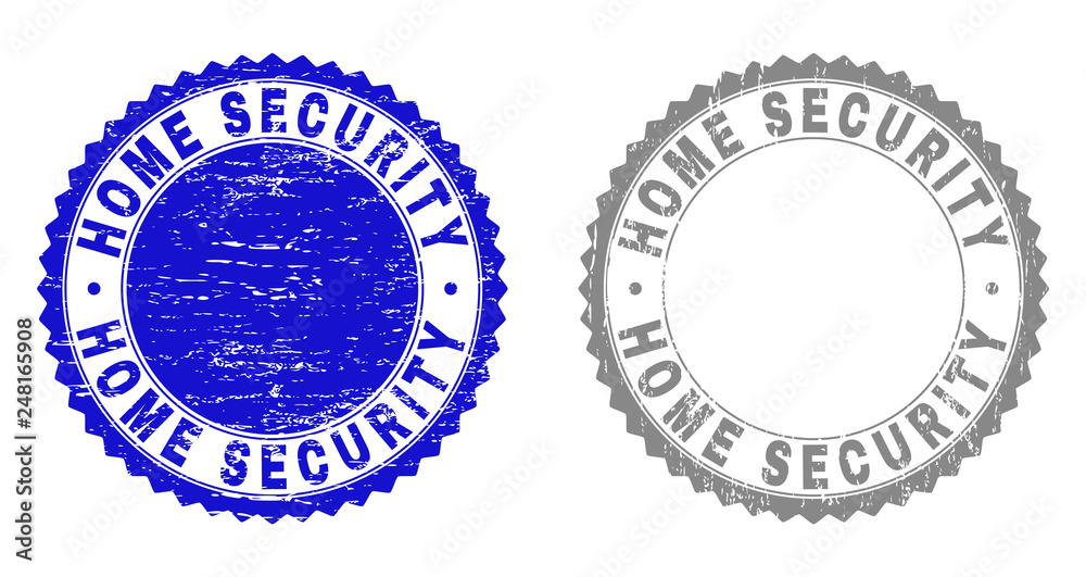 Grunge HOME SECURITY stamp seals isolated on a white background. Rosette seals with distress texture in blue and gray colors. Vector rubber stamp imitation of HOME SECURITY tag inside round rosette.