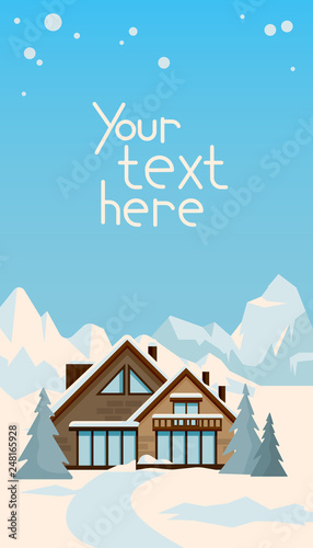 Winter landscape with cosy chalet house in the full of snow mountain valley