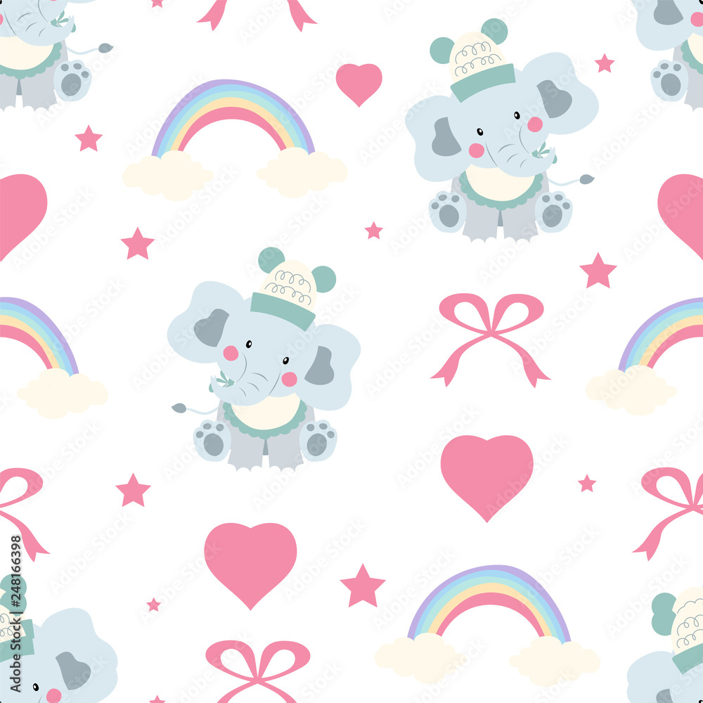 adorable pink seamless pattern with rainbow,elephant,heart and ribbon