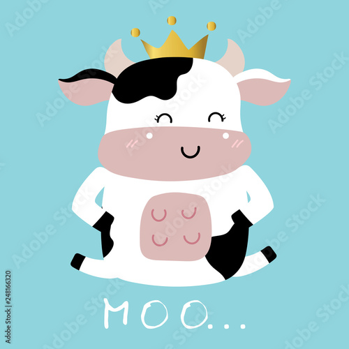 Cow hand drawn cute card with crown and moo wording