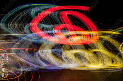 Abstract blurred colorful light effect on a black background. Long exposure photo of moving camera