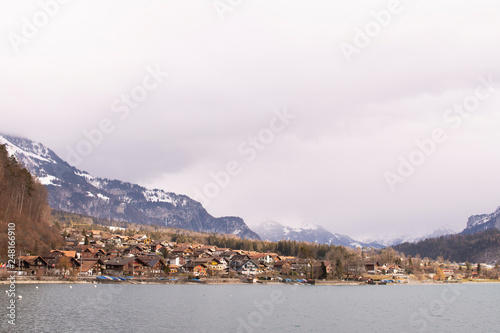 City on the banks of Lake Brynz in the Alps