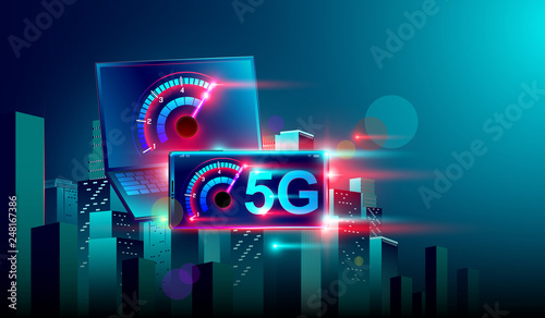 5G high speed network communication internet on flying realistic 3d isometric laptop and smartphone cross night smart city. Vector