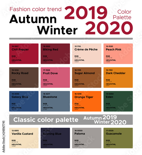 Vetor do Stock: Fashion color trend Autumn Winter 2019-2020 and classic  color palette. Palette fashion colors with named color swatches.