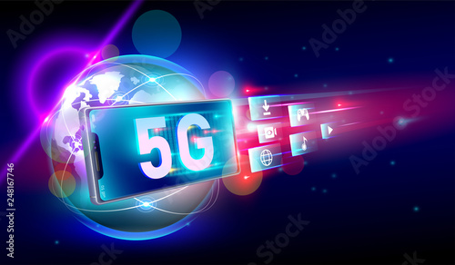 Moving forward light flare motion blur background with smartphone on high speed  5G network wireless connection around the world and internet of things, Communication network concept Vector