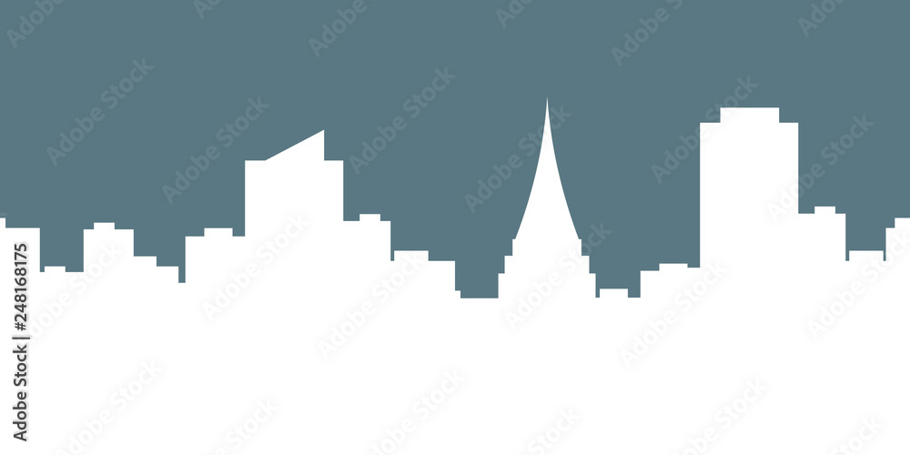 Megalopolis background.Seamless border with cute urban cityscape in white color : silhouettes of modern houses, buildings and Church or Cathedral on the blue background. Vector illustration