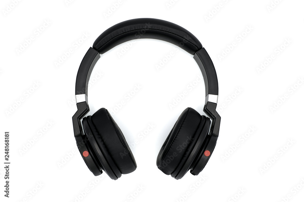 Top view of black wireless headphones isolated on white background. Top view of black wireless headphones isolated on white background.