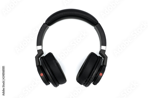 Top view of black wireless headphones isolated on white background.