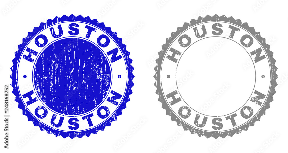 Grunge HOUSTON stamp seals isolated on a white background. Rosette seals with grunge texture in blue and gray colors. Vector rubber stamp imitation of HOUSTON label inside round rosette. Grunge HOUSTON stamp seals isolated on a white background. Rosette seals with grunge texture in blue and gray colors. Vector rubber stamp imitation of HOUSTON label inside round rosette.