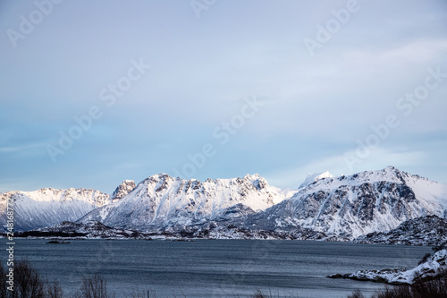  Fiord (fjord) in winter season, Lofoten Islands, Norway