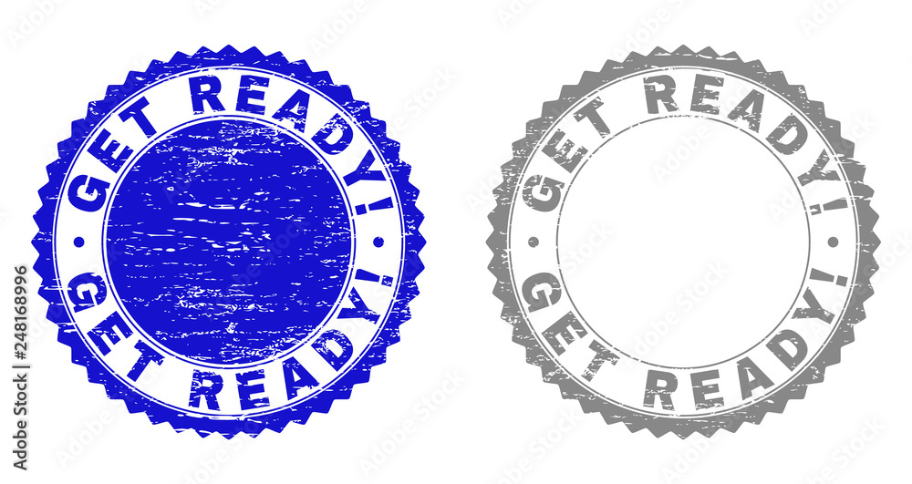 Grunge GET READY! stamp seals isolated on a white background. Rosette seals with grunge texture in blue and grey colors. Vector rubber watermark of GET READY! title inside round rosette. Grunge GET READY! stamp seals isolated on a white background. Rosette seals with grunge texture in blue and grey colors. Vector rubber watermark of GET READY! title inside round rosette.