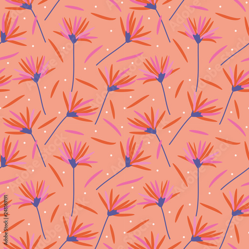 Beautiful flowers in coral colors seamless pattern.