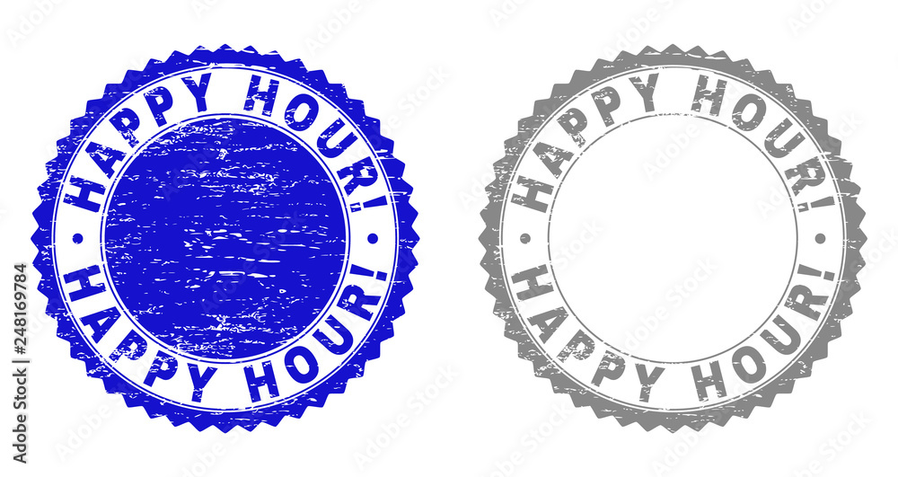 Grunge HAPPY HOUR! stamp seals isolated on a white background. Rosette seals with grunge texture in blue and gray colors. Vector rubber overlay of HAPPY HOUR! title inside round rosette.