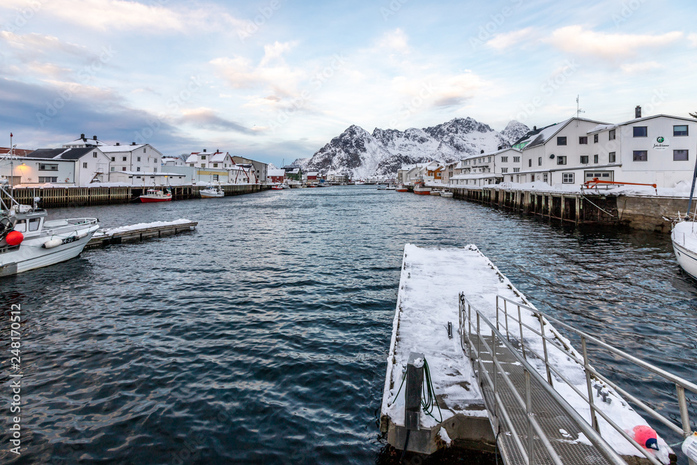 Fototapeta premium Venice of the North, Henningsvaer a fishing village in Vagan Municipality in Nordland county, Lofoten Islands, Norway