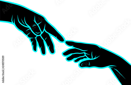 Silhouette black hands touching each other. Human fingers connecting. On black background. Vector icon.