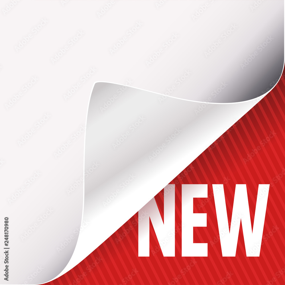 Curled white paper corner on red and New sign