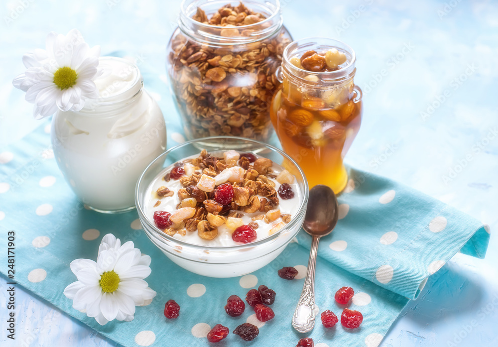Natural yoghurt with granola nuts and dried fruits. natural healthy food. Natural yoghurt with granola nuts and dried fruits. natural healthy food.