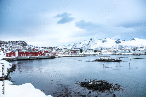 kabelvag at sunrise in winter season, Lofotten Islands, Norway photo