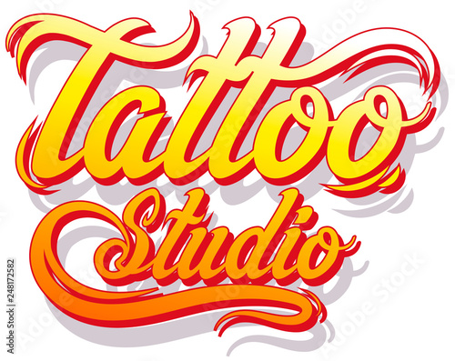 Cartoon yellow and red tattoo studio text emblem with shadow. Isolated on white background. Vector icon.