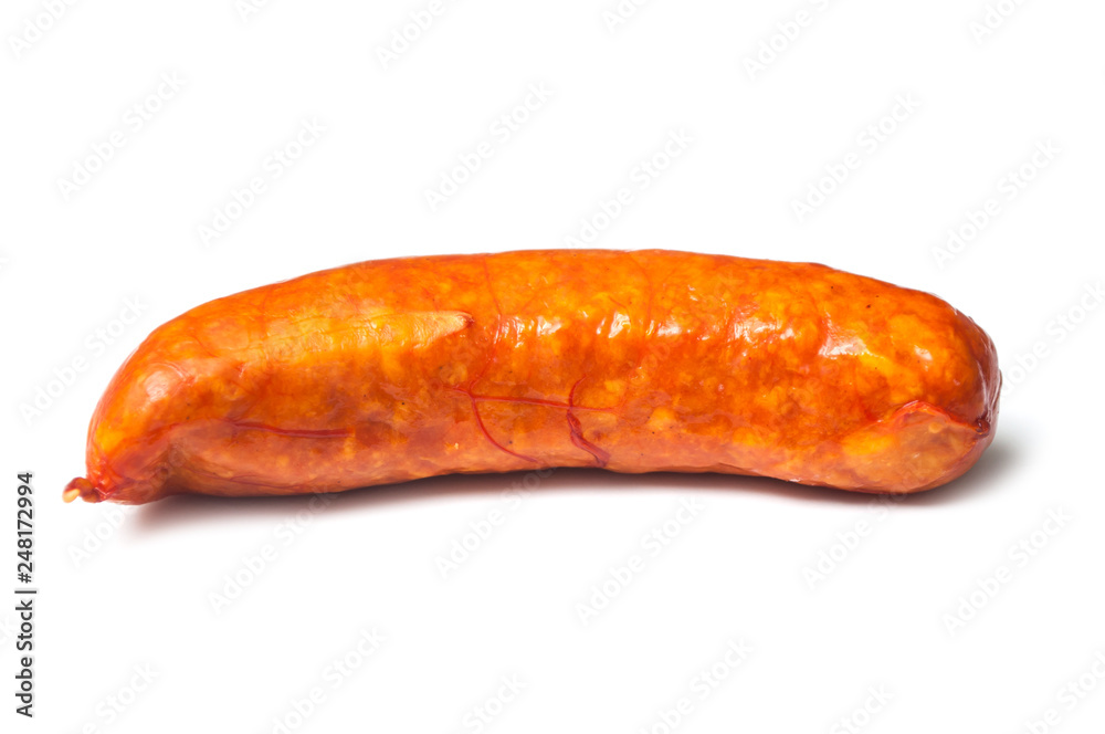 Closeup of smoked sausage on white background Closeup of smoked sausage on white background