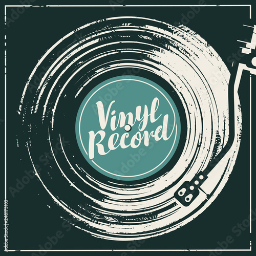Vector music poster in form of or worn black cover with old vinyl record, record player and calligraphic lettering in retro style