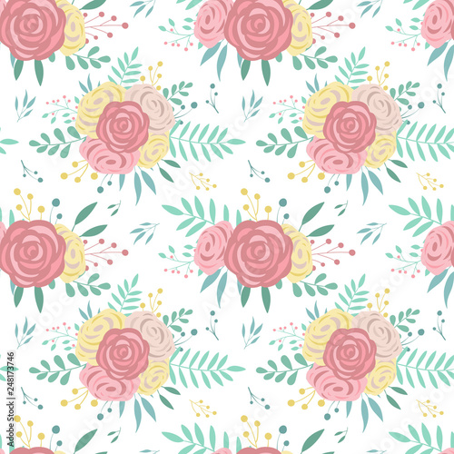 Seamless boho pattern. Illustration of spring or summer bouquet. Vector image of flowers and leaves. For print, textile, holiday, child, baby shower, birthday, clothes, woman day, girls, background