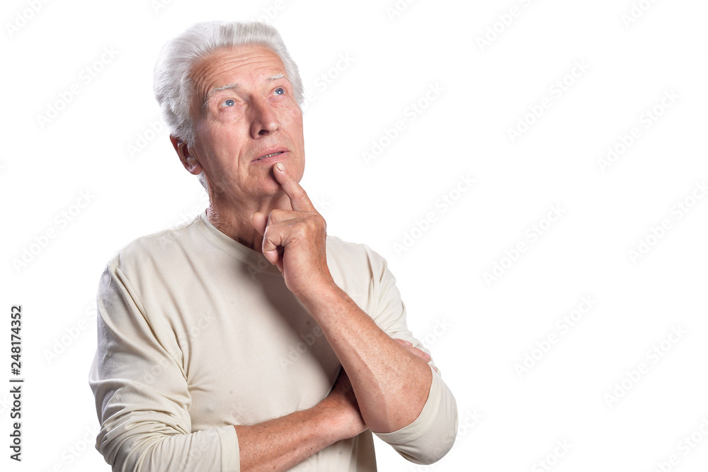 Thoughtful senior man posing on white background Thoughtful senior man posing on white background