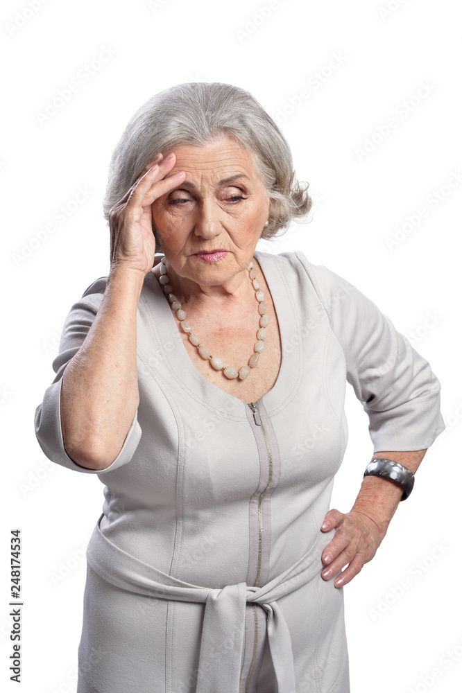 Portrait of sad senior woman isolated on white background Portrait of sad senior woman isolated on white background