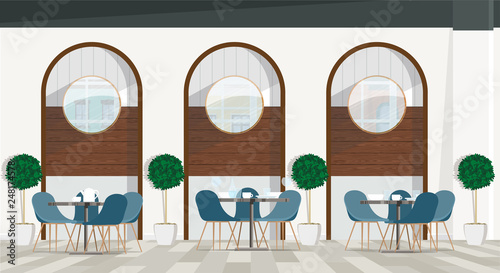 Modern, cozy interior design of the restaurant. Vector flat illustration.