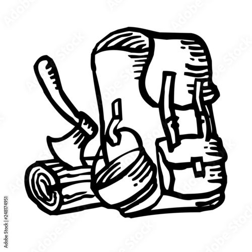 Rucksack and ax and wood, tramp and scout symbol, pen drawing black and white