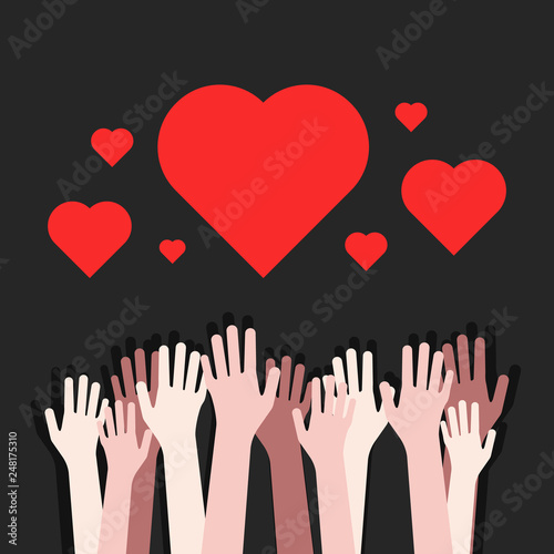 volunteers charity like multiracial hands up