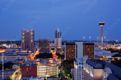 San Antonio cityscape at dusk, tall buildings, downtown