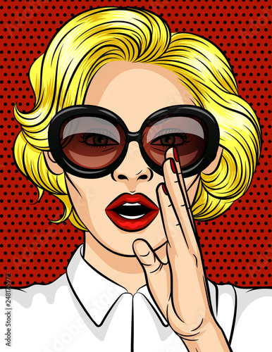 Color vector illustration in pop art style. The girl the blonde in dark glasses tells a secret. A beautiful lady with red lips holds her hand at her mouth. The girl over the red dotted background