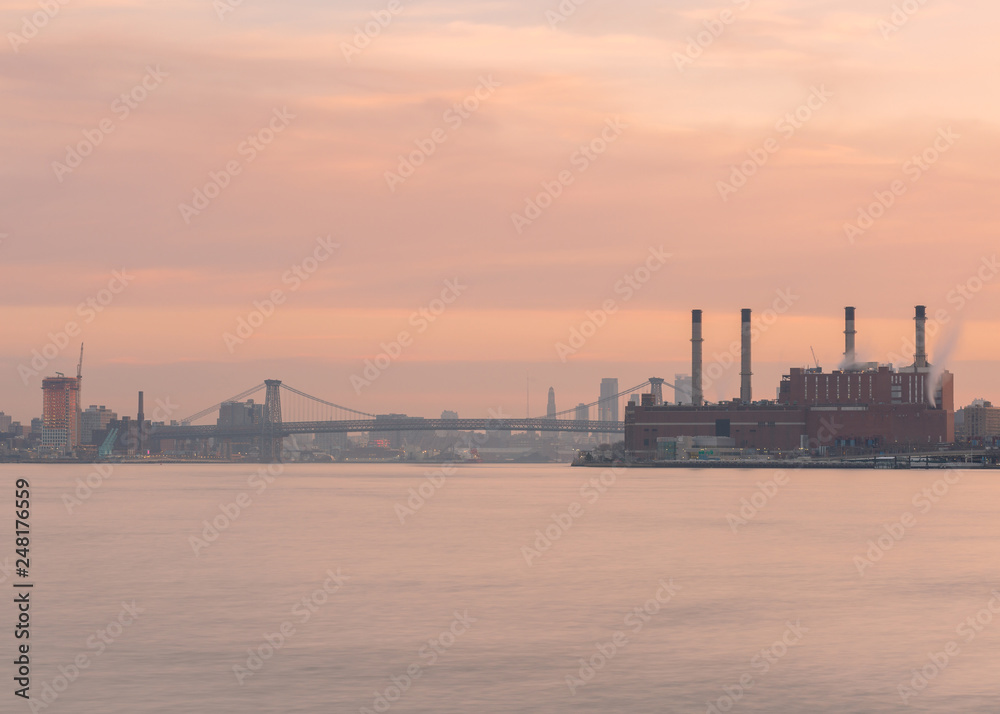 East river view at sunset with long exposure