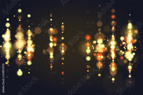 Golden bokeh sparkle glitter lights luxury glamor background. Abstract defocused circular party magic christmas background. Glamorous elegant, shiny, metallic gold background. EPS 10.