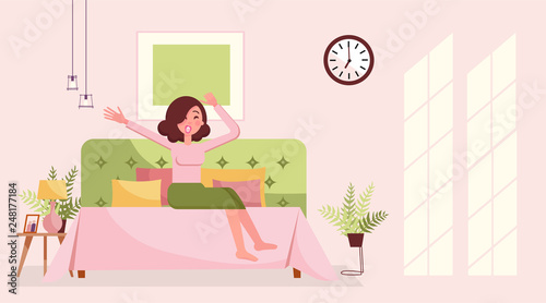 Good morning girl stretch yawn in bed. Sleepy young woman in bed yawning and stretchin. Morning bedroom interior in gentle pink tones with sunlight on the wall. Flat cartoon style vector illustration.
