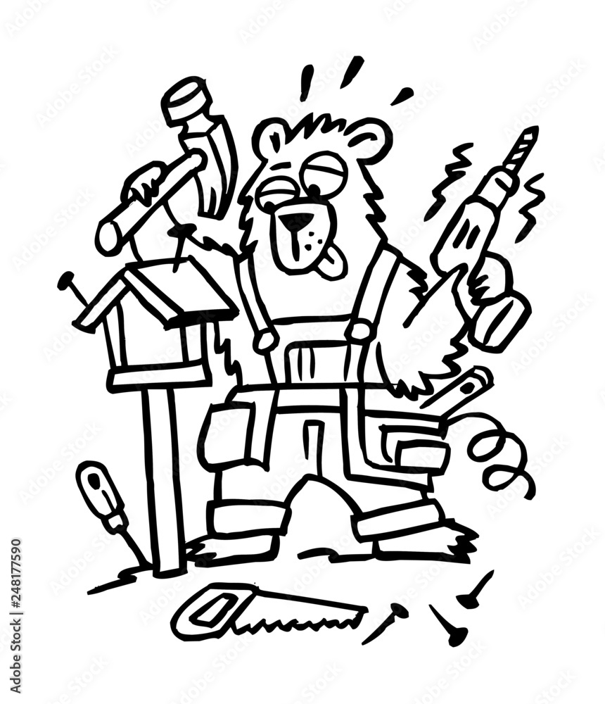 Handy Man Bear in blue overalls with hammer and drill, cartoon joke black and white Handy Man Bear in blue overalls with hammer and drill, cartoon joke black and white