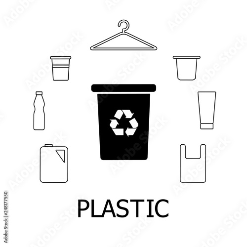 Collection of black and white icons of plastic waste. Pastic garbage and bin with recycling marc. Vector concept