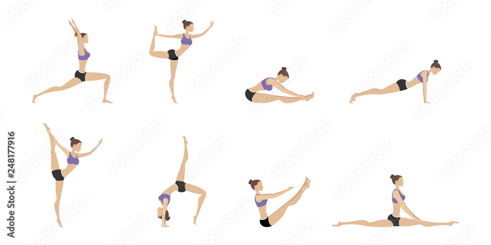 Set of female in different yoga poses,Isolated On White Background Set of female in different yoga poses,Isolated On White Background