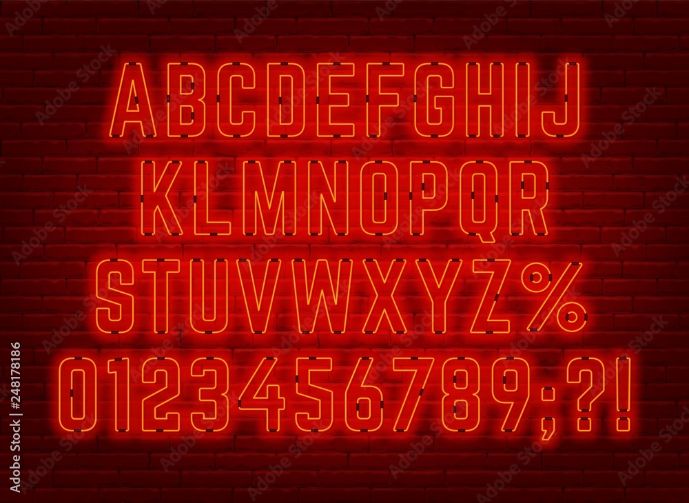 Fototapeta premium Neon bright red font with numbers. Vector illustration.