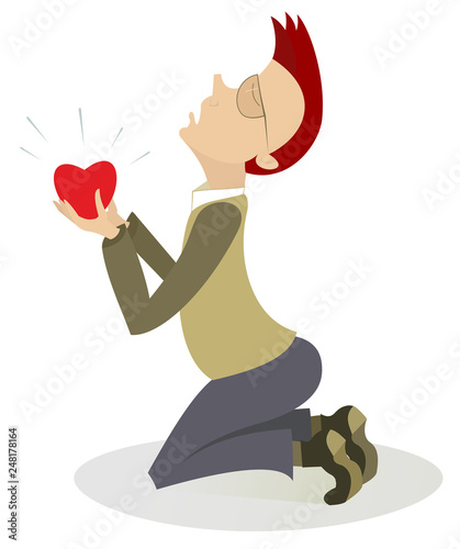 Kneeling man and heart symbol illustration. Kneeling man stays on the kneel holds a heart symbol in the hands and prays for love isolated on white