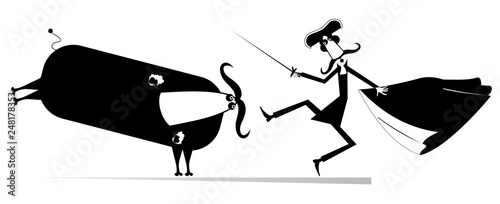  Cartoon bullfighter and a bull isolated illustration. Cartoon long mustache bullfighter holds a sword, matador cape and angry bull black on white illustration