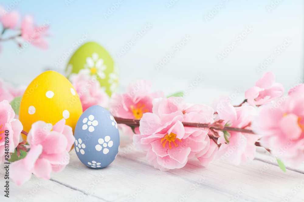 Easter eggs and pink flowers decoration on blue background