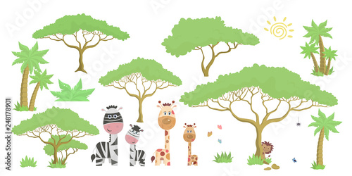 African wildlife. Cartoon Zebra and giraffe with children. Set for design trees palms grass animals and other isolated on white-vector illustration.