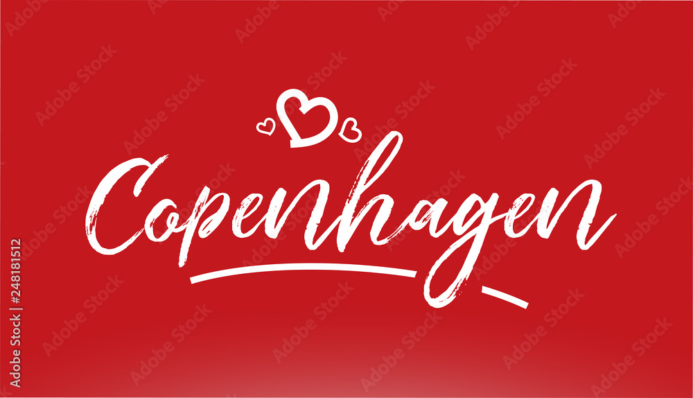 copenhagen white city hand written text with heart logo on red background
