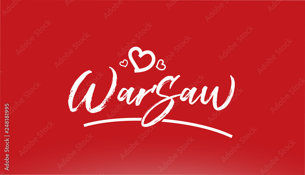 warsaw white city hand written text with heart logo on red background
