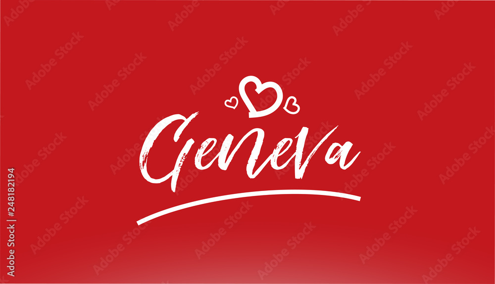 geneva white city hand written text with heart logo on red background