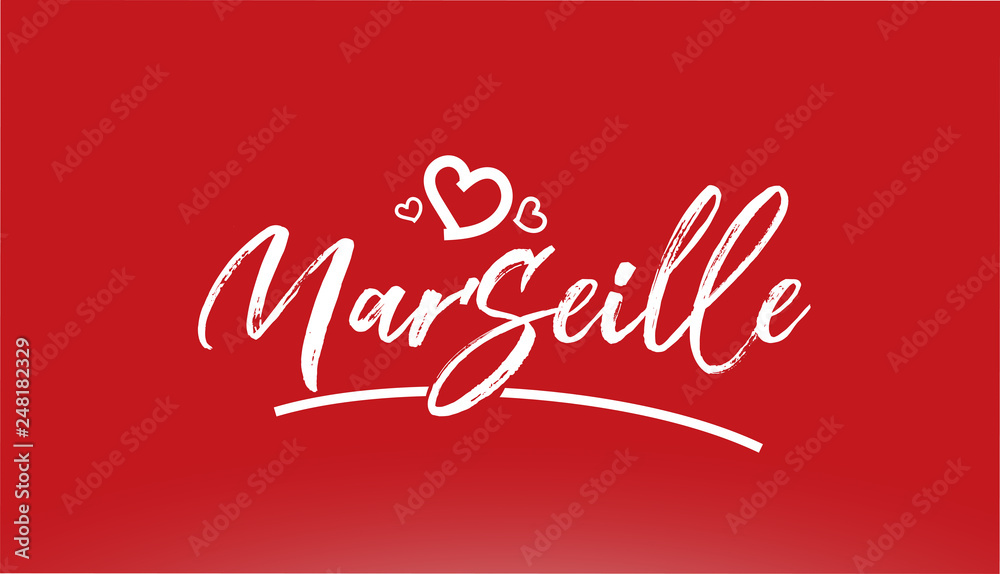 marseille white city hand written text with heart logo on red background