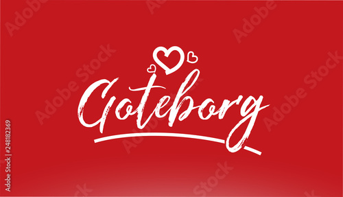 goteborg white city hand written text with heart logo on red background